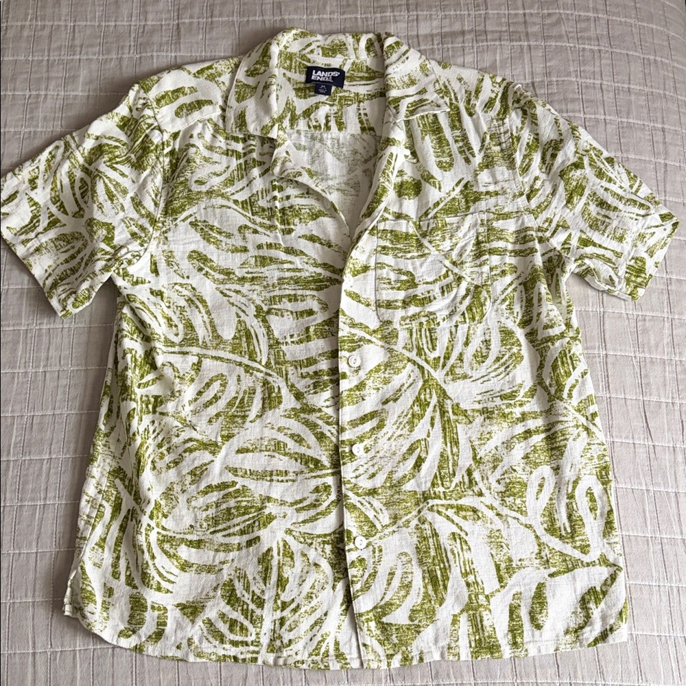Lands' End Green Tropical Print Men's Linen Shirt; size M - sold out on site